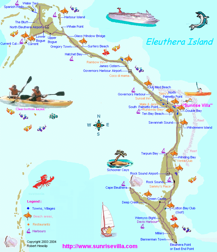Eleuthera map showing towns, restaurants, beaches & places of interest